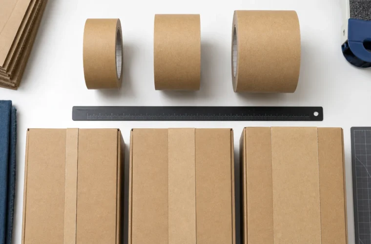 Three brown kraft paper tape rolls beside shipping cartons and a measuring ruler