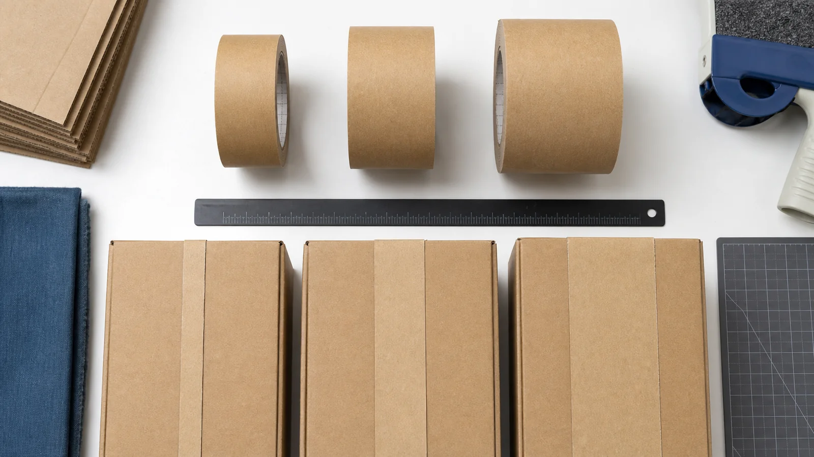 Three brown kraft paper tape rolls beside shipping cartons and a measuring ruler