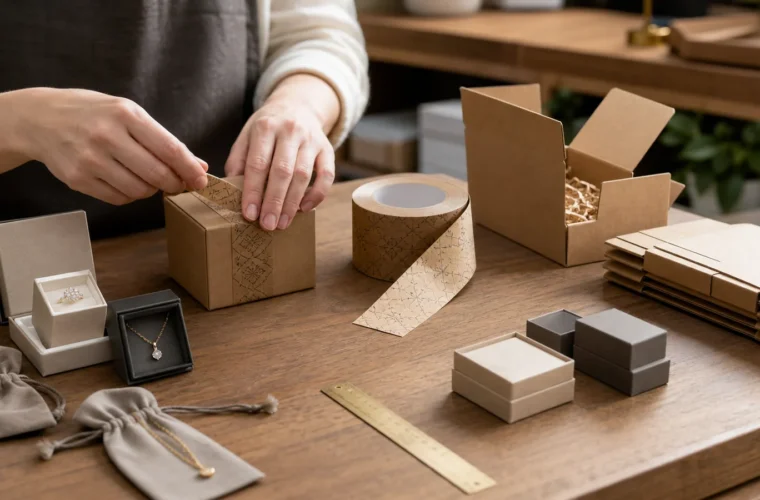 Jewelry brands and independent sellers reviewing branded tape for jewelry packaging requirements at a packing station