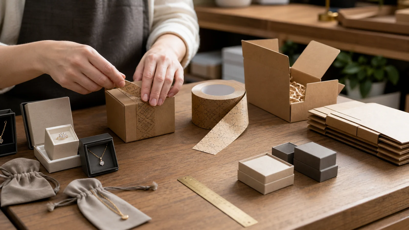 Jewelry brands and independent sellers reviewing branded tape for jewelry packaging requirements at a packing station