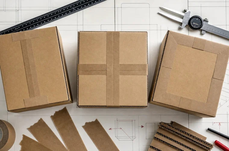 Top view of three kraft cartons with different tape layouts beside a ruler, caliper, kraft tape strips and carton diagrams