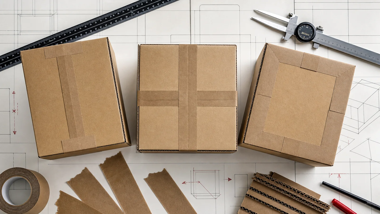Top view of three kraft cartons with different tape layouts beside a ruler, caliper, kraft tape strips and carton diagrams