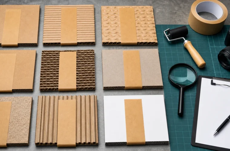 Plain kraft tape strips applied across several corrugated board samples beside a tape roll