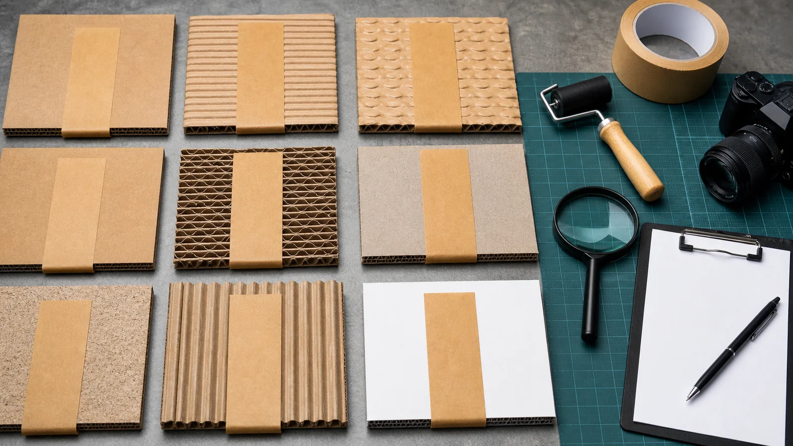 Plain kraft tape strips applied across several corrugated board samples beside a tape roll