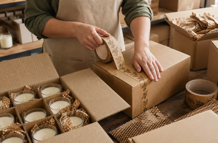 Candle and craft brands reviewing custom gummed tape for candle businesses requirements at a packing station
