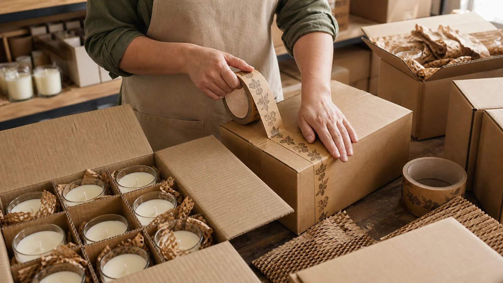 Candle and craft brands reviewing custom gummed tape for candle businesses requirements at a packing station