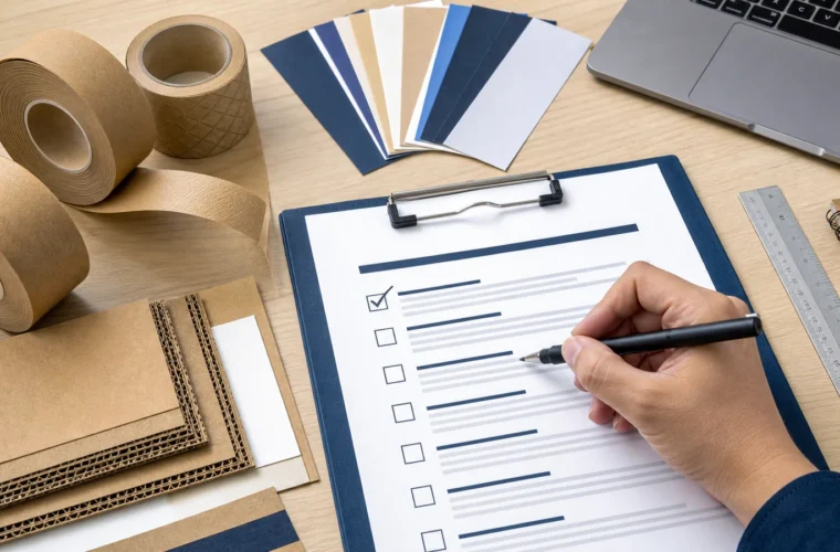 B2B buyers preparing a supplier request reviewing custom gummed tape RFQ checklist requirements at a packing station