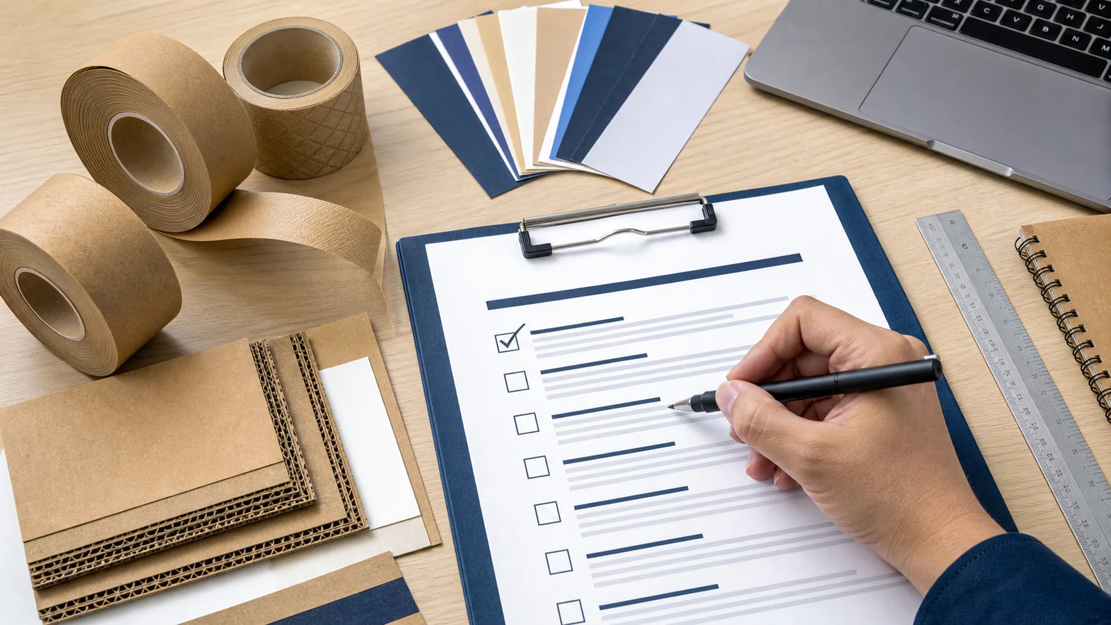 B2B buyers preparing a supplier request reviewing custom gummed tape RFQ checklist requirements at a packing station