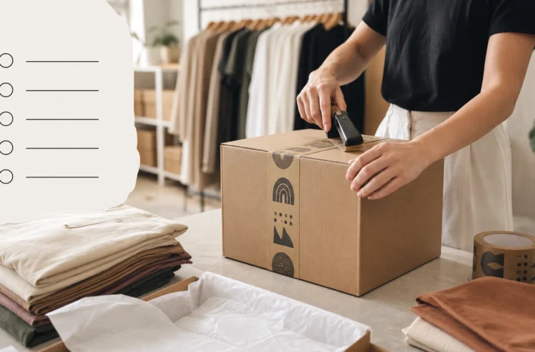 Person sealing an apparel shipping carton with printed kraft tape beside clothing and a tape roll