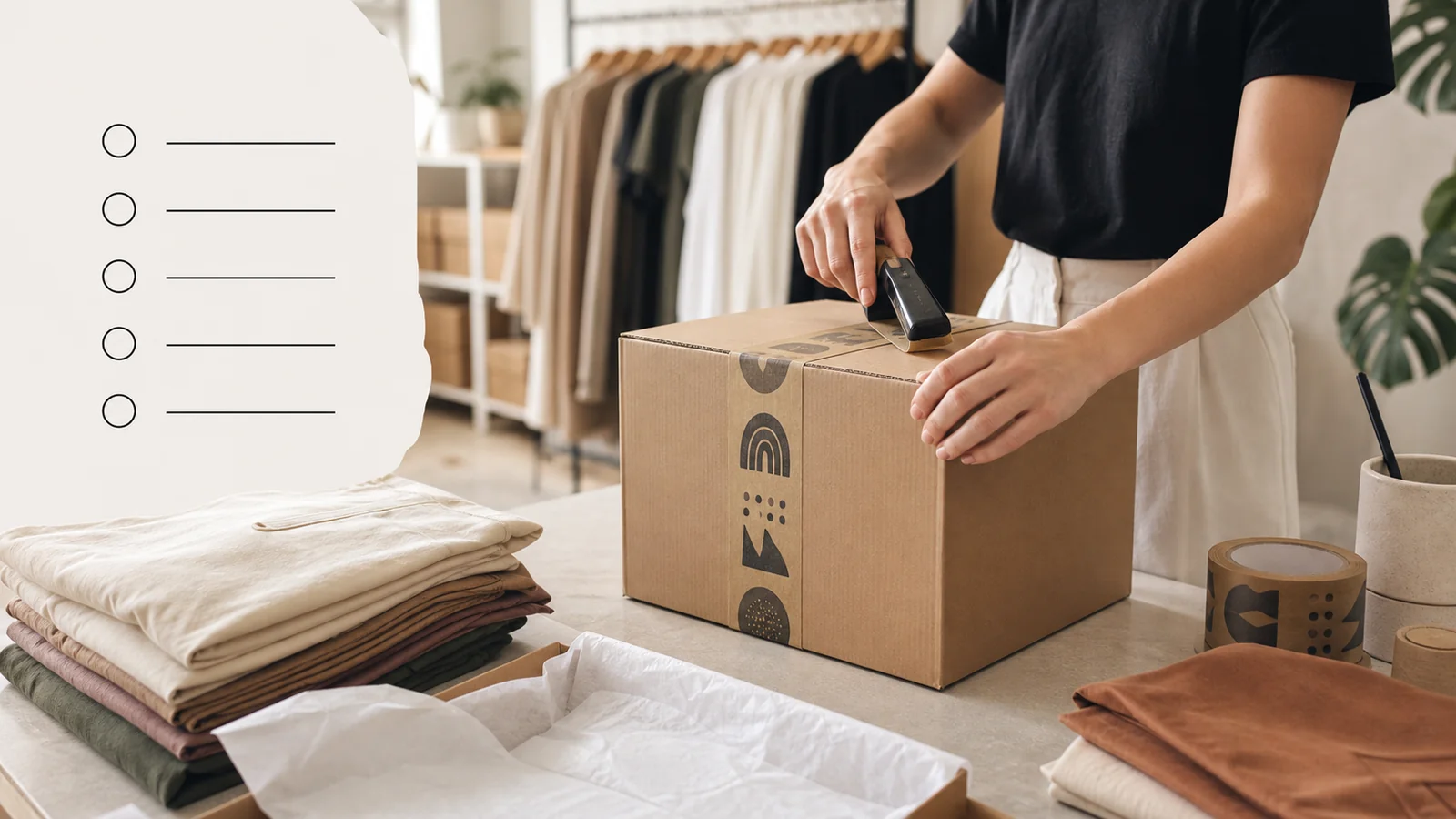 Person sealing an apparel shipping carton with printed kraft tape beside clothing and a tape roll