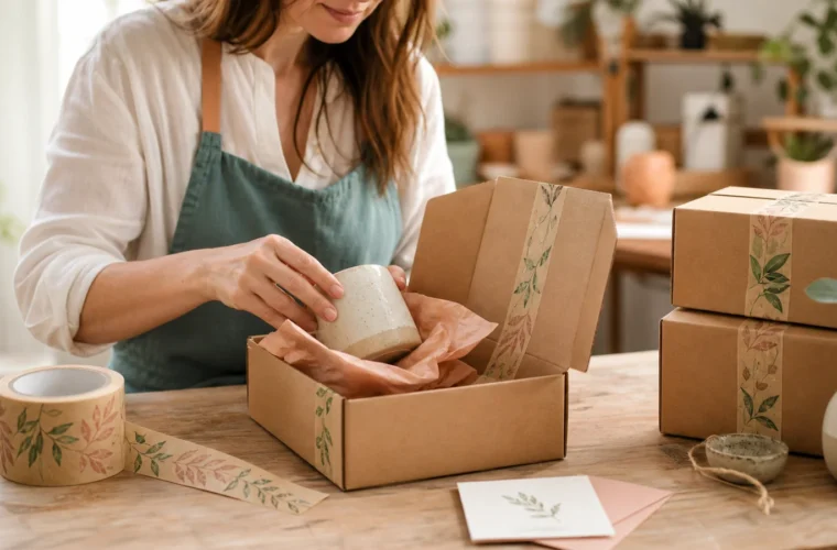 Handmade seller packing ceramics in kraft boxes sealed with custom paper tape
