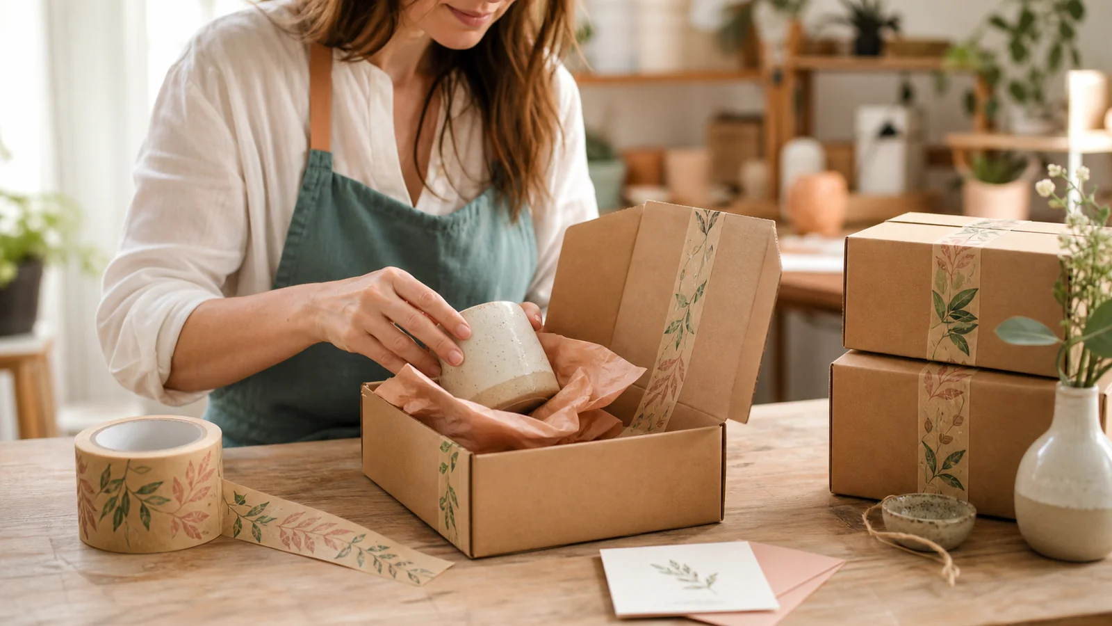 Handmade seller packing ceramics in kraft boxes sealed with custom paper tape