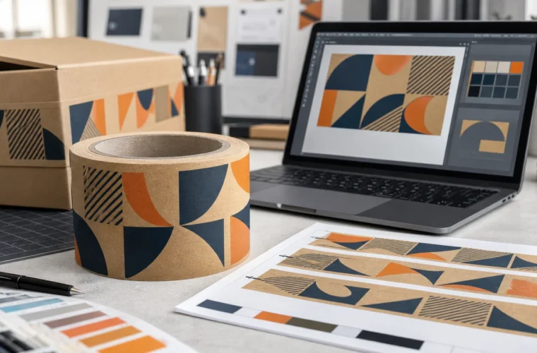 Custom printed gummed tape artwork, proof sheet, and printed kraft tape roll on a design desk