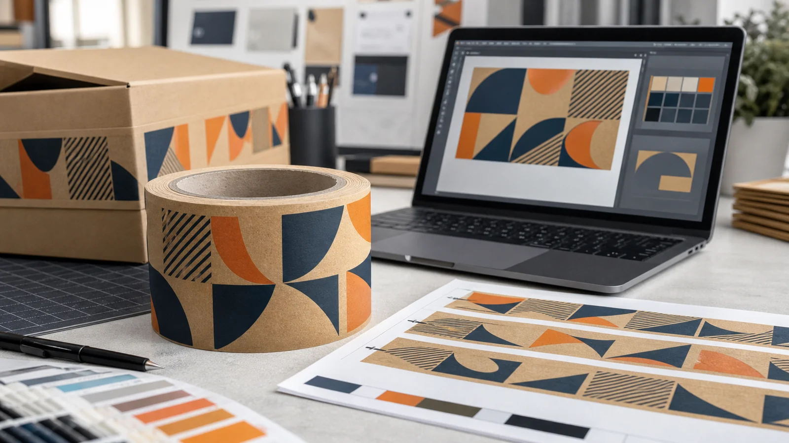 Custom printed gummed tape artwork, proof sheet, and printed kraft tape roll on a design desk