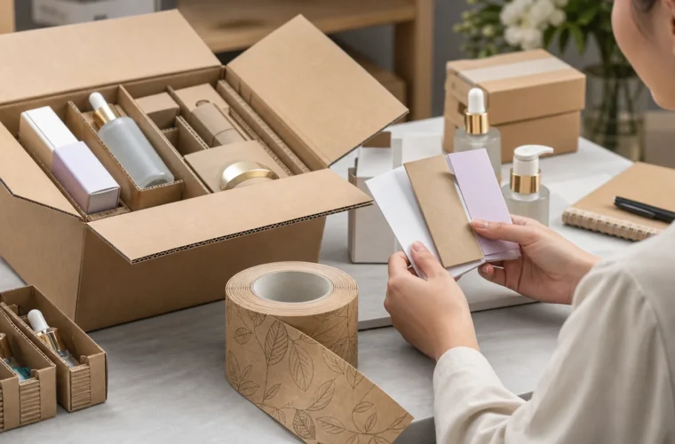 Leaf-pattern printed kraft tape roll beside cosmetics packaging and a corrugated shipping carton
