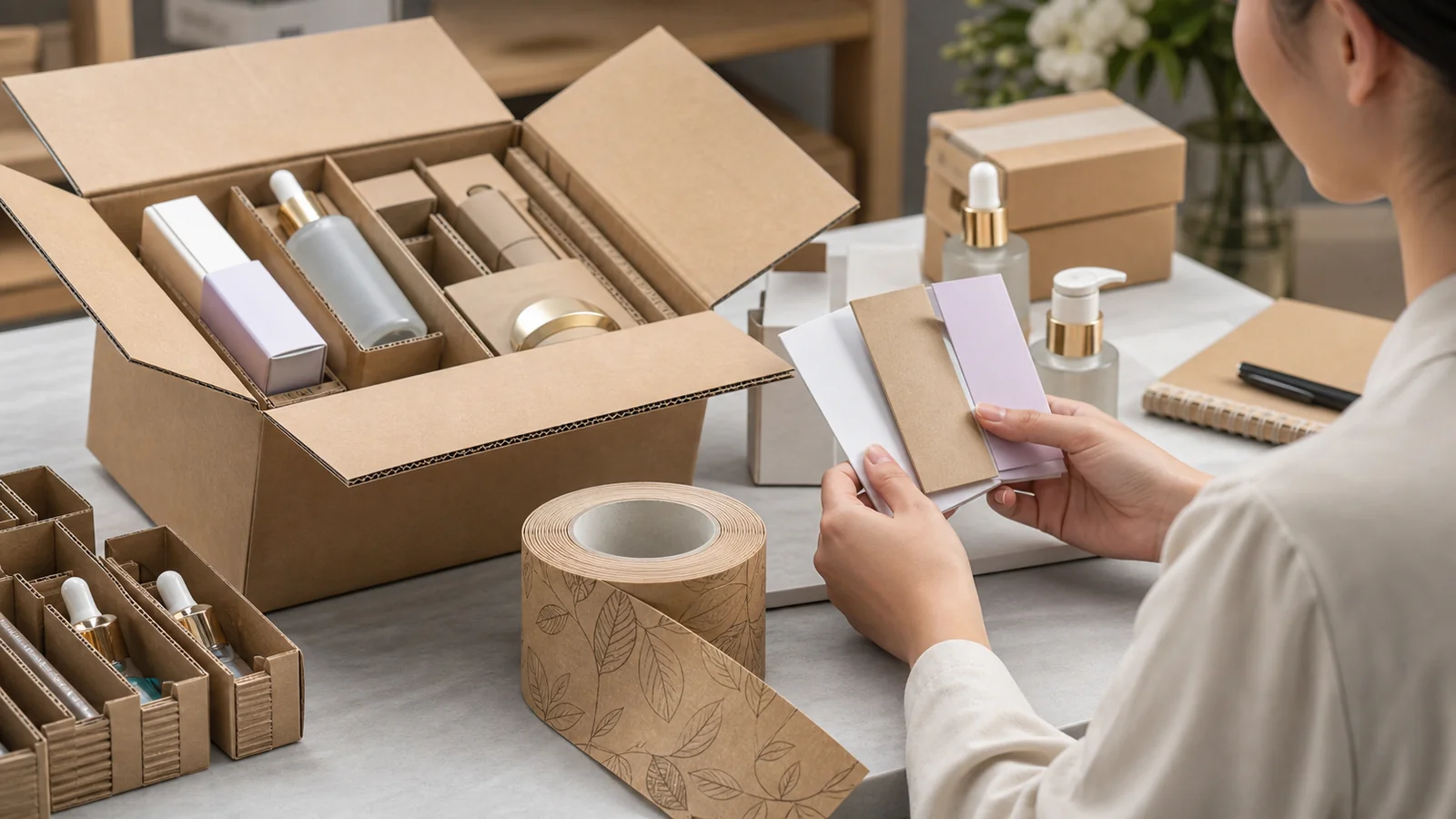 Leaf-pattern printed kraft tape roll beside cosmetics packaging and a corrugated shipping carton