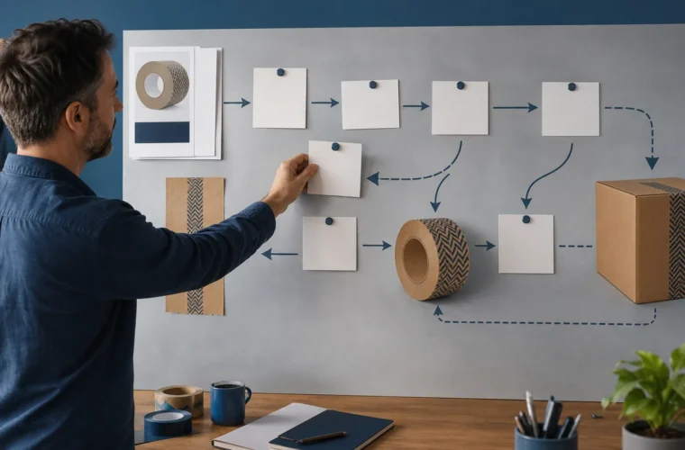Purchasing teams coordinating artwork and production reviewing custom tape lead time planning requirements at a packing station