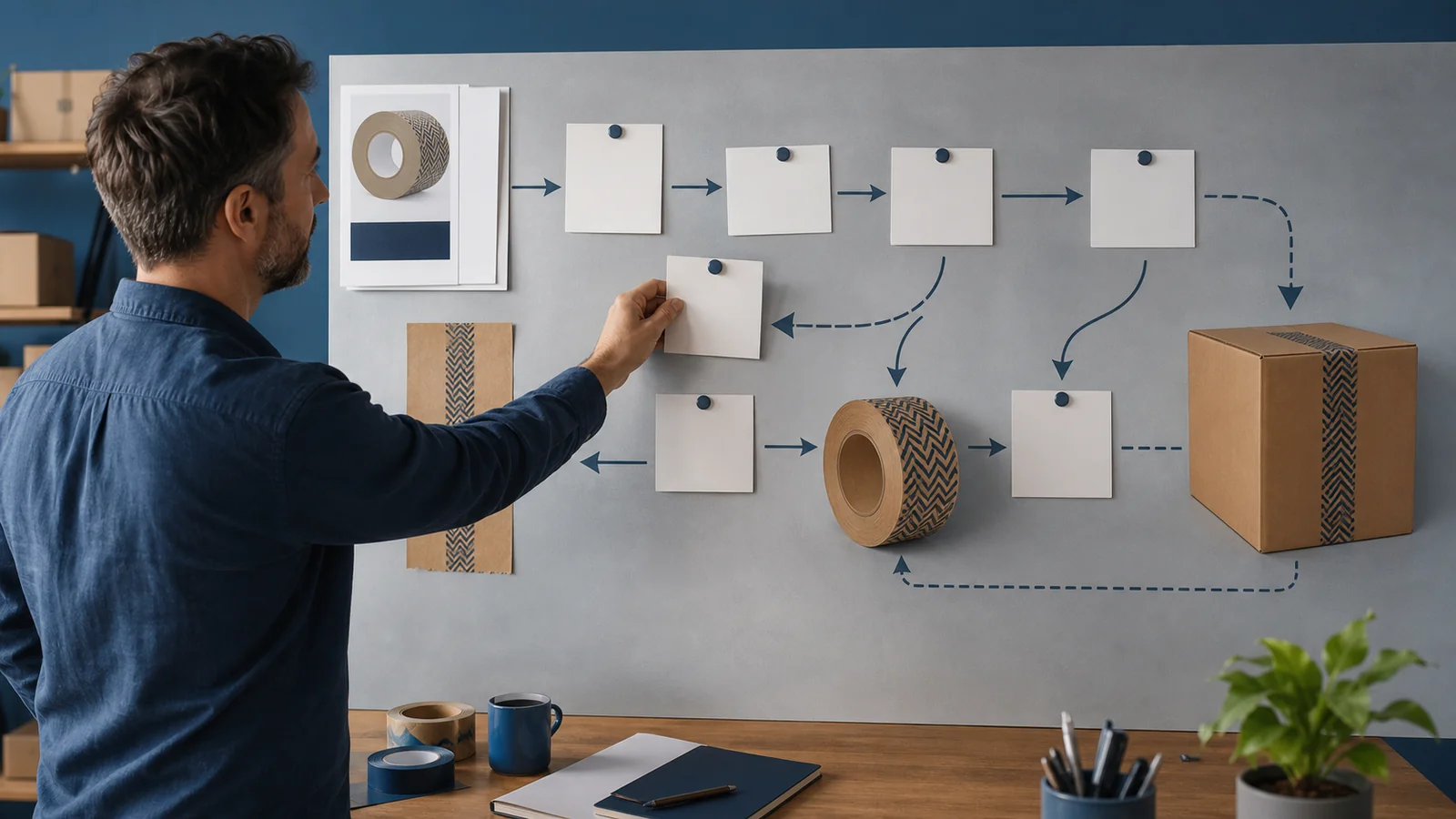 Purchasing teams coordinating artwork and production reviewing custom tape lead time planning requirements at a packing station