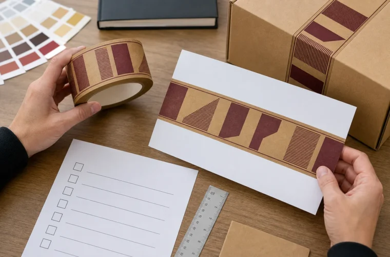 Teams approving branded packaging artwork reviewing custom tape proof approval checklist requirements at a packing station