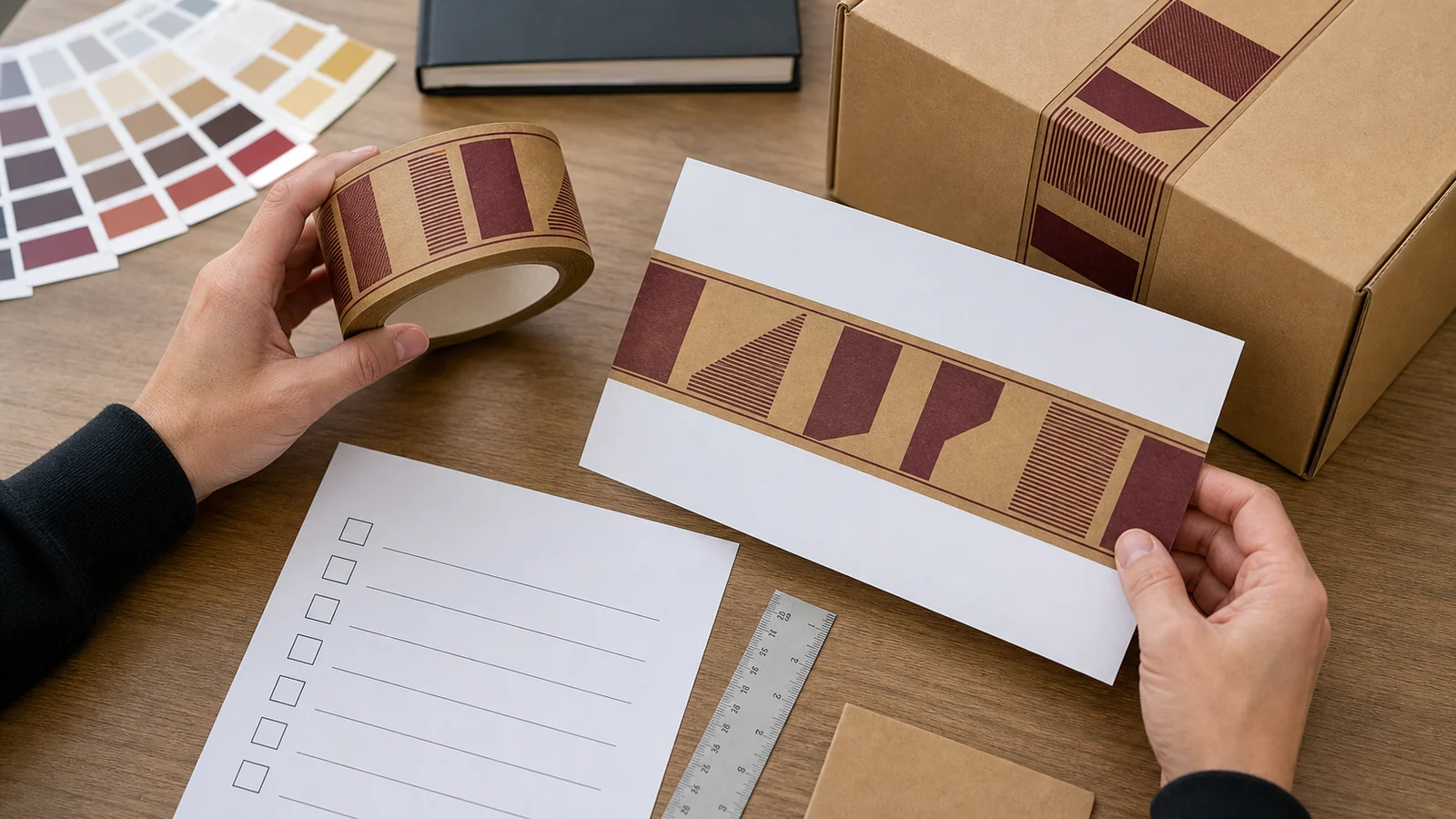 Teams approving branded packaging artwork reviewing custom tape proof approval checklist requirements at a packing station
