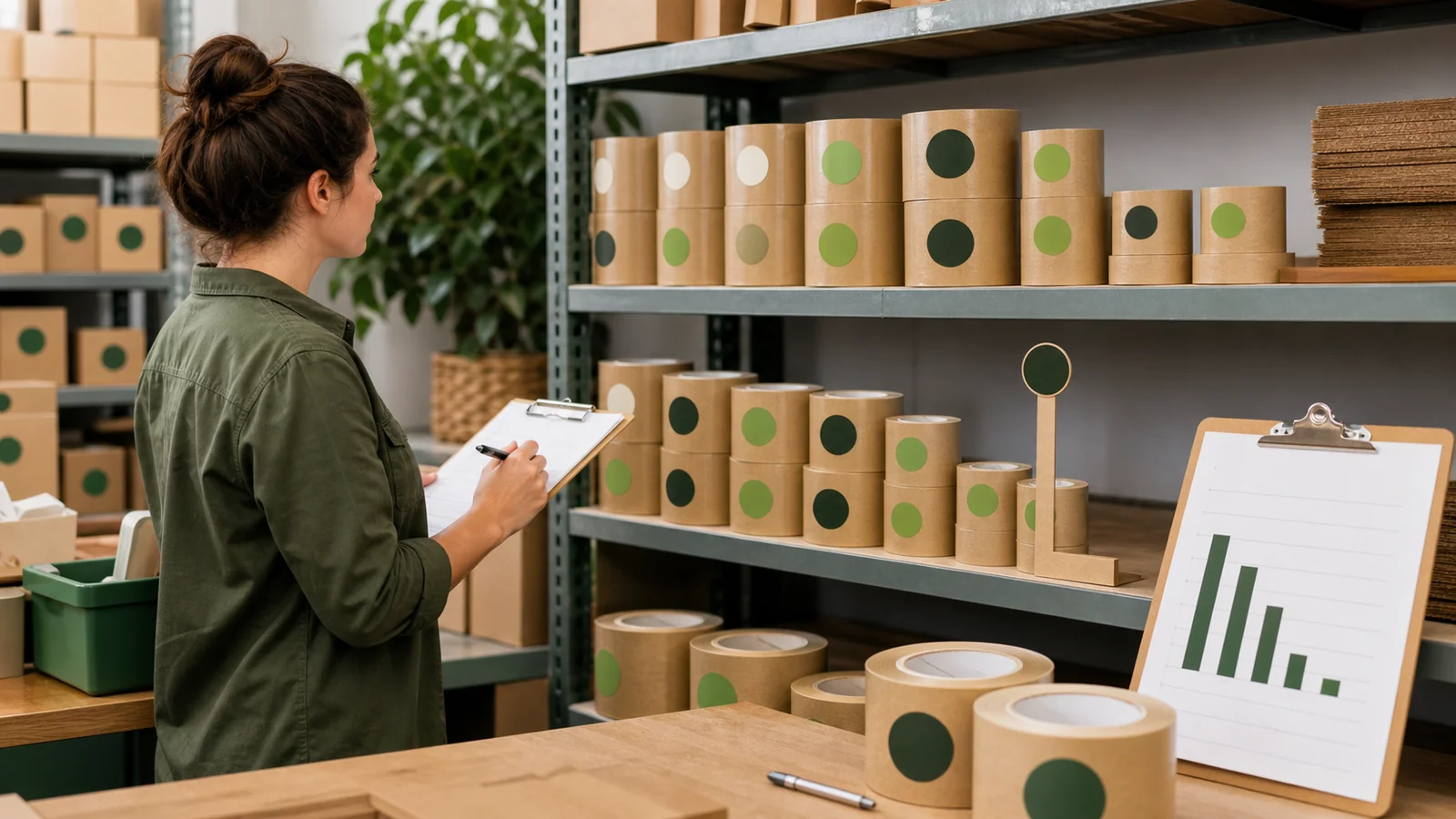 Operations teams managing repeat packaging orders reviewing custom tape reorder planning requirements at a packing station