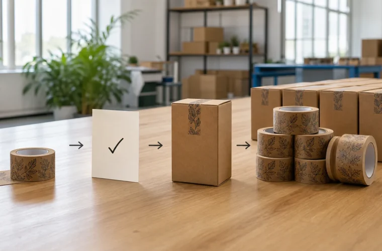Buyers moving from evaluation to an approved order reviewing custom tape sample to bulk order requirements at a packing station