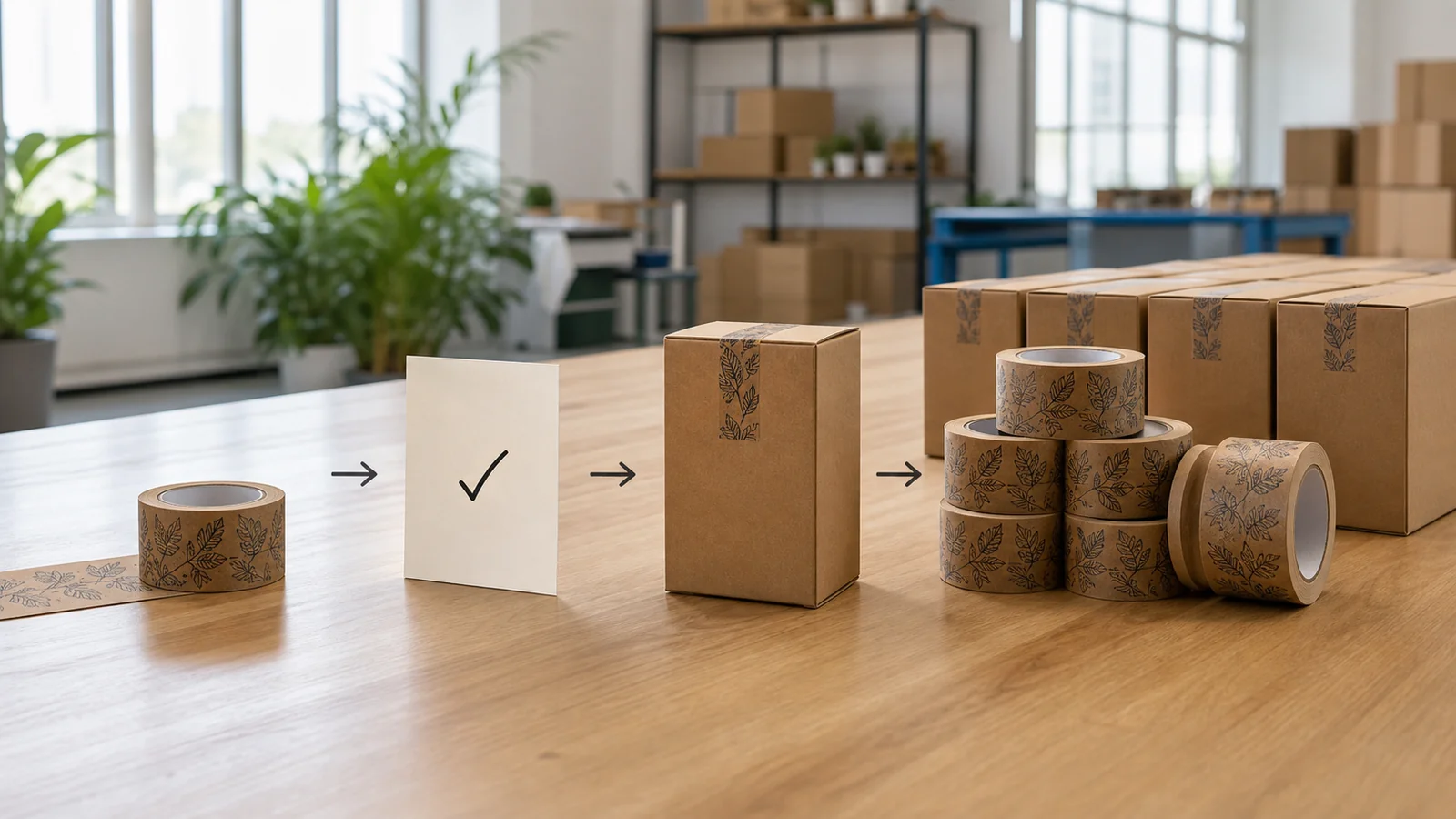 Buyers moving from evaluation to an approved order reviewing custom tape sample to bulk order requirements at a packing station