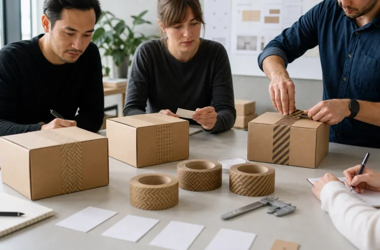 Startups validating branded packaging reviewing custom tape startup packaging test requirements at a packing station