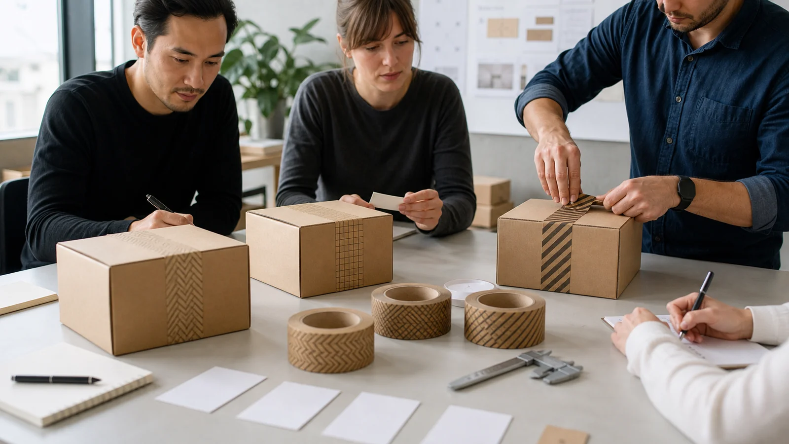 Startups validating branded packaging reviewing custom tape startup packaging test requirements at a packing station