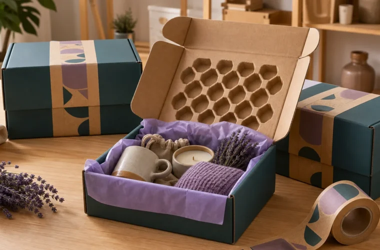 Subscription box brands coordinating recurring shipments reviewing custom tape for subscription box brands requirements at a packing station