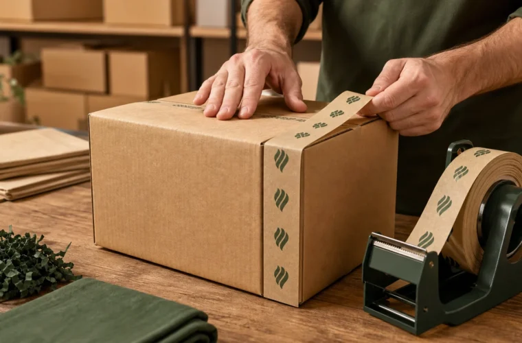 Custom water-activated kraft paper tape sealing a branded corrugated shipping carton