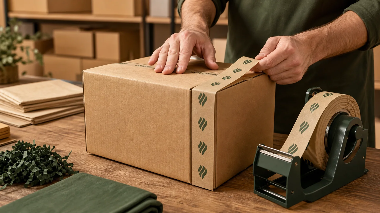 Custom water-activated kraft paper tape sealing a branded corrugated shipping carton