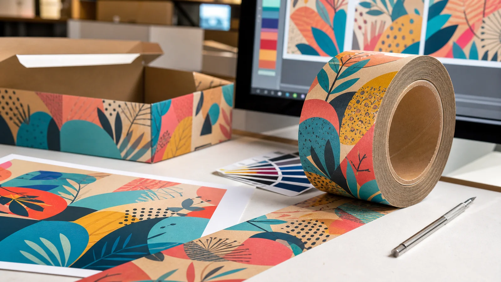 Brands evaluating full-color tape printing reviewing full-color custom gummed tape requirements at a packing station
