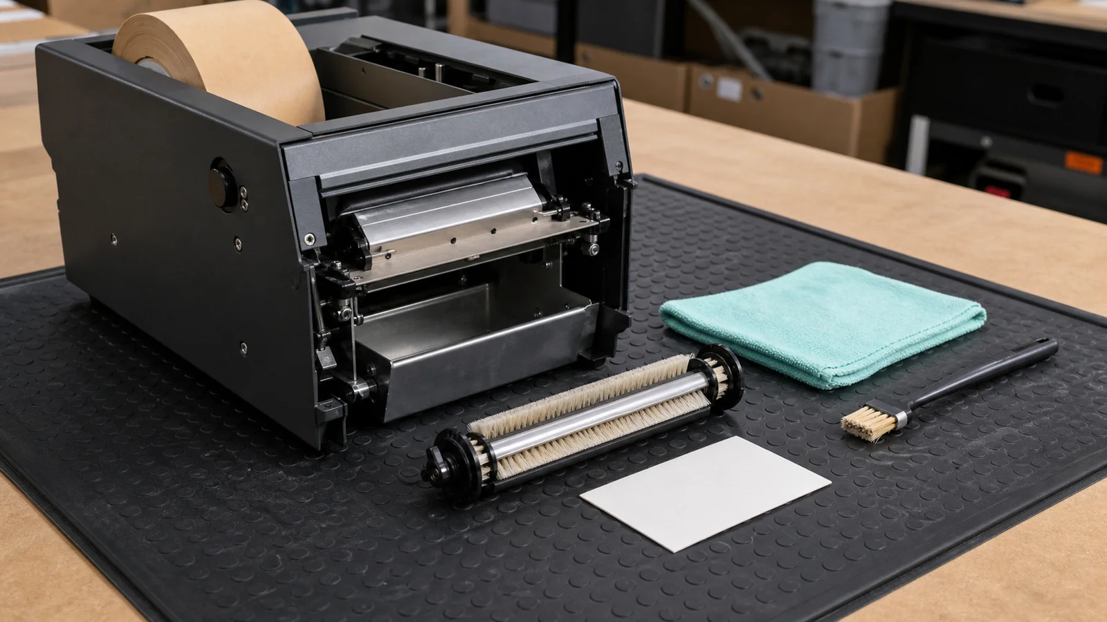 Operations teams responsible for tape dispensers reviewing gummed tape dispenser maintenance checklist requirements at a packing station