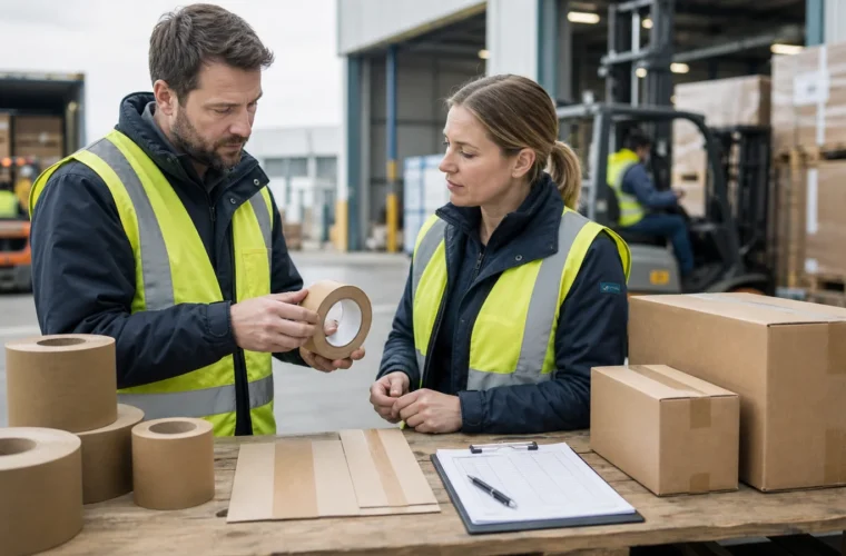 Logistics procurement teams reviewing gummed tape logistics procurement requirements at a packing station