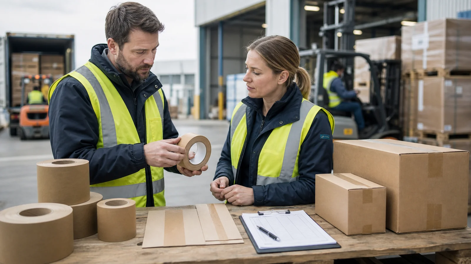 Logistics procurement teams reviewing gummed tape logistics procurement requirements at a packing station