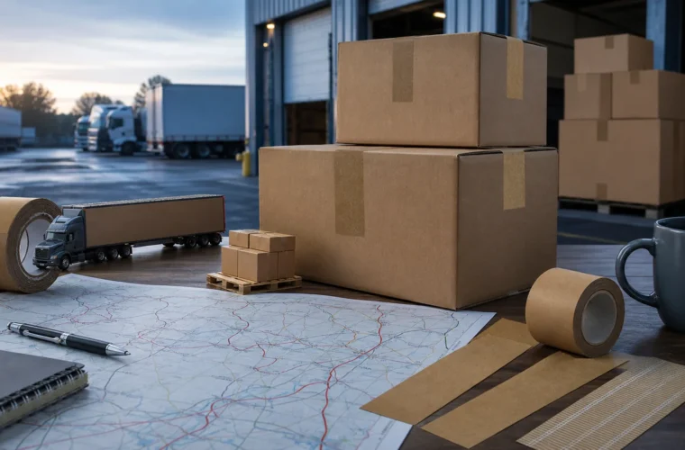Logistics buyers evaluating longer shipping routes reviewing gummed tape for long-distance shipping cartons requirements at a packing station