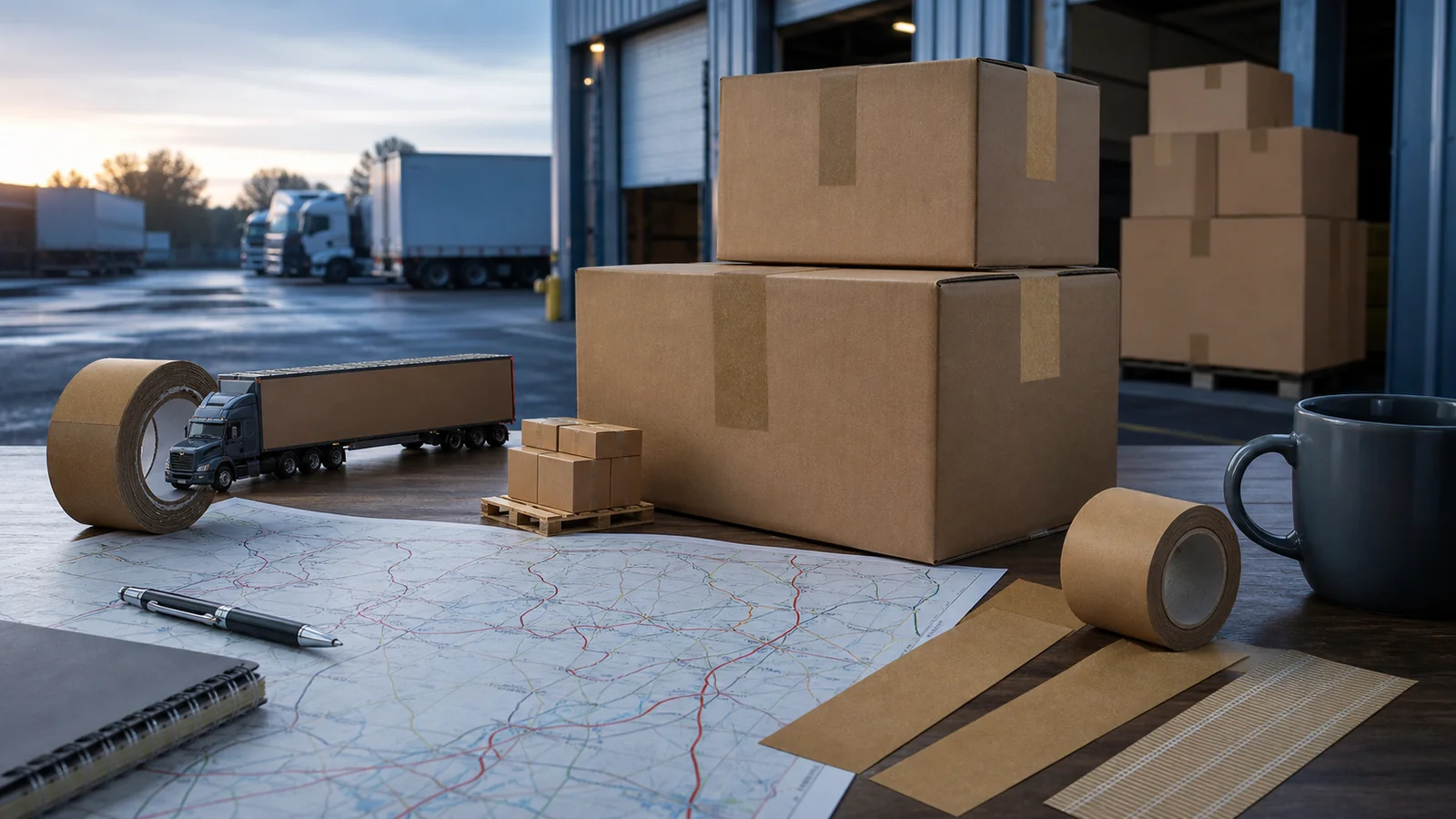 Logistics buyers evaluating longer shipping routes reviewing gummed tape for long-distance shipping cartons requirements at a packing station
