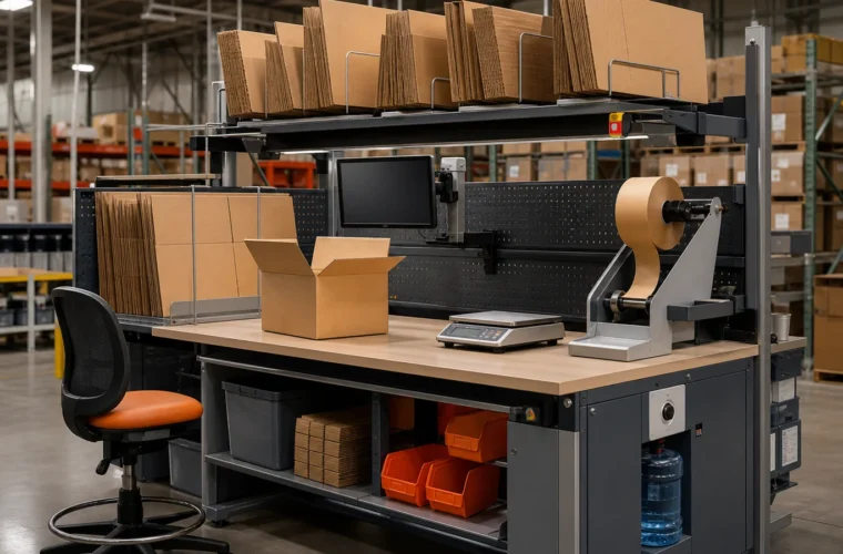 Fulfillment managers planning a packing station reviewing gummed tape packing station setup requirements at a packing station