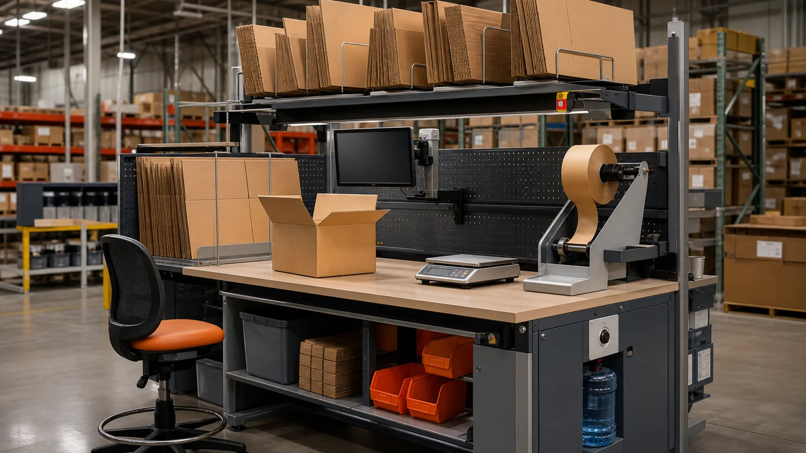 Fulfillment managers planning a packing station reviewing gummed tape packing station setup requirements at a packing station