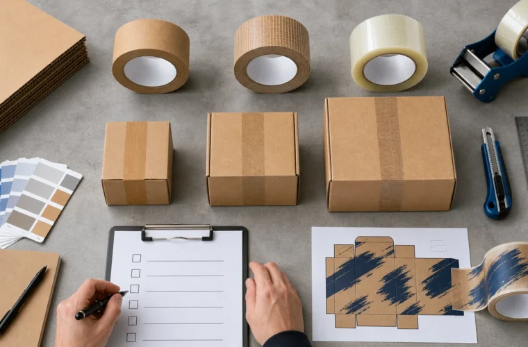 Packaging tape options, carton sizes, artwork proof, and checklist arranged for buyer selection