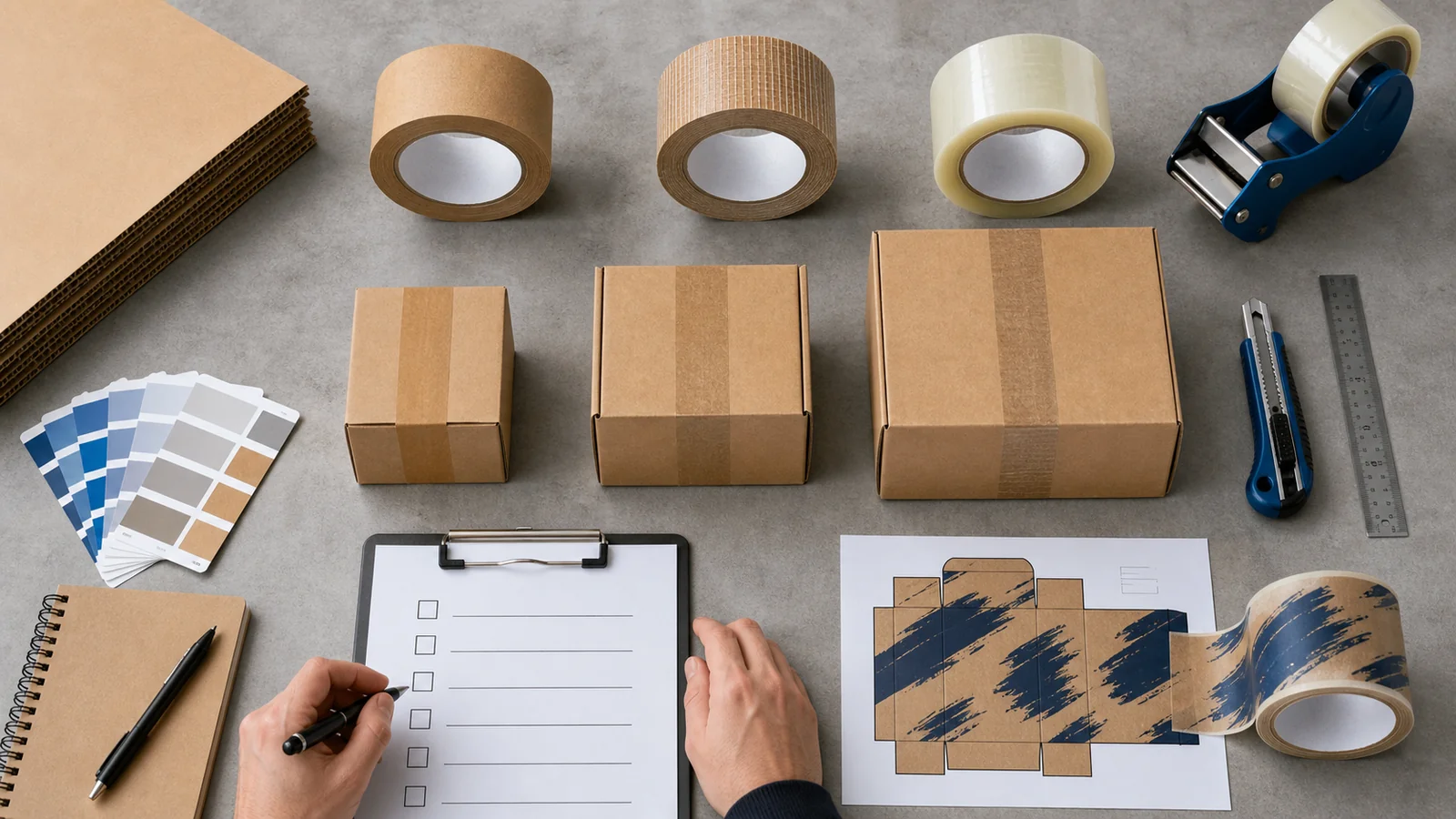 Packaging tape options, carton sizes, artwork proof, and checklist arranged for buyer selection