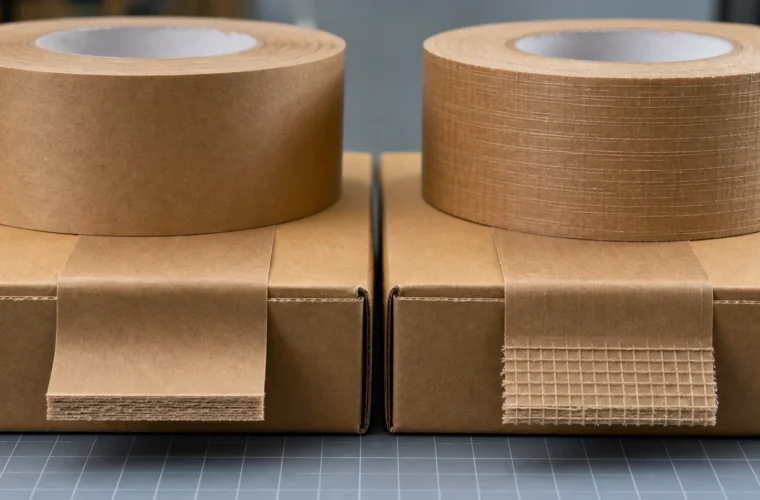 Buyers comparing confirmed material options reviewing kraft tape vs reinforced kraft tape requirements at a packing station