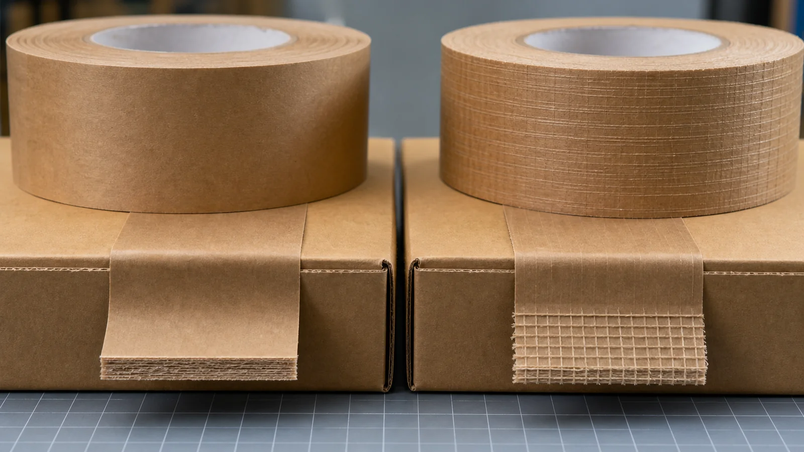 Buyers comparing confirmed material options reviewing kraft tape vs reinforced kraft tape requirements at a packing station