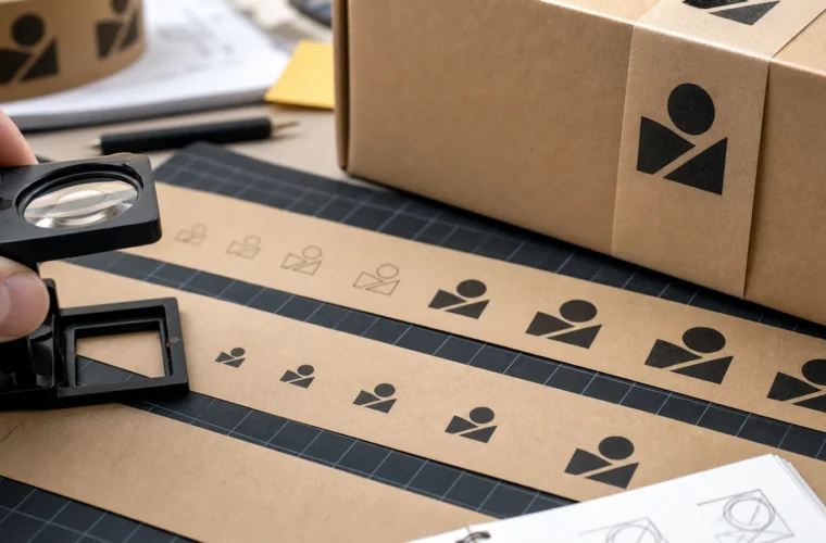Brands reviewing logo visibility on kraft material reviewing logo readability on kraft tape requirements at a packing station