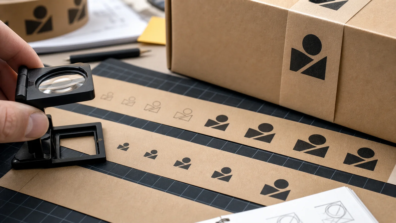 Brands reviewing logo visibility on kraft material reviewing logo readability on kraft tape requirements at a packing station
