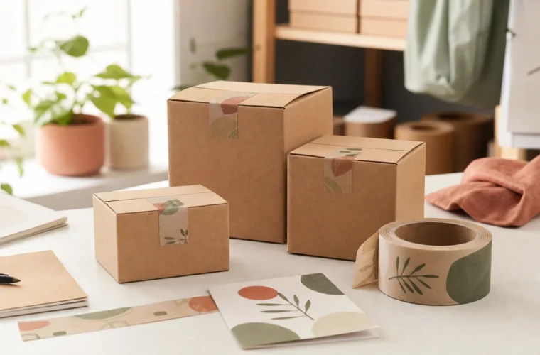 Small batch of kraft cartons with a custom printed paper tape roll and artwork proof