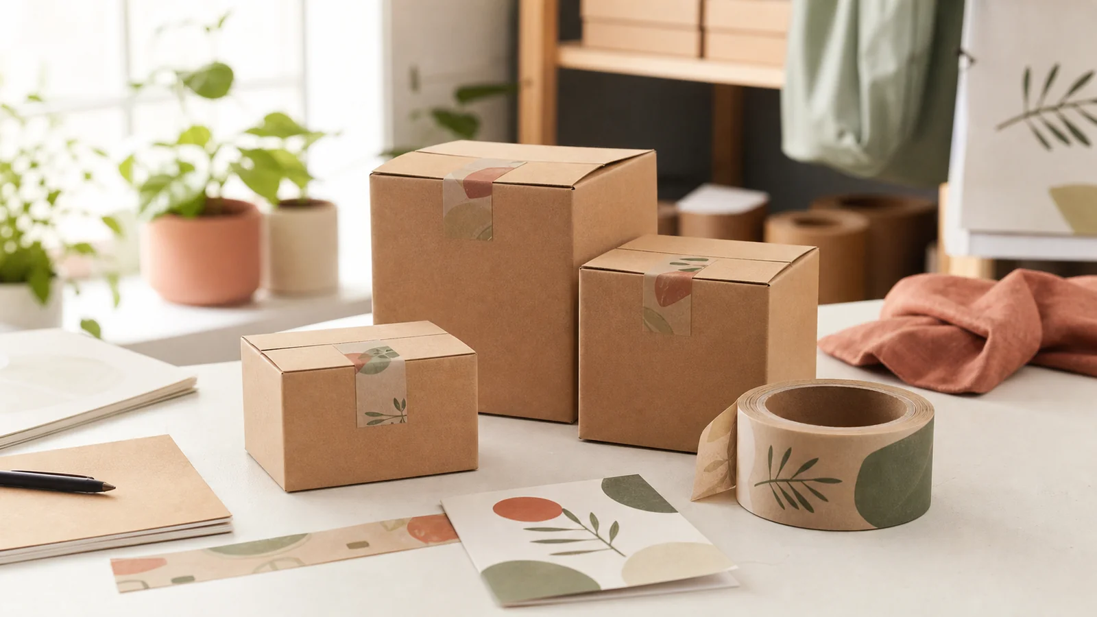 Small batch of kraft cartons with a custom printed paper tape roll and artwork proof