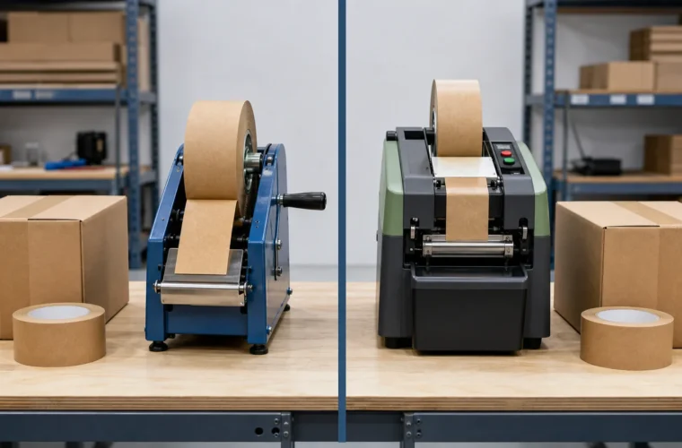 Operations teams comparing packing-station equipment reviewing manual vs electric gummed tape dispenser requirements at a packing station