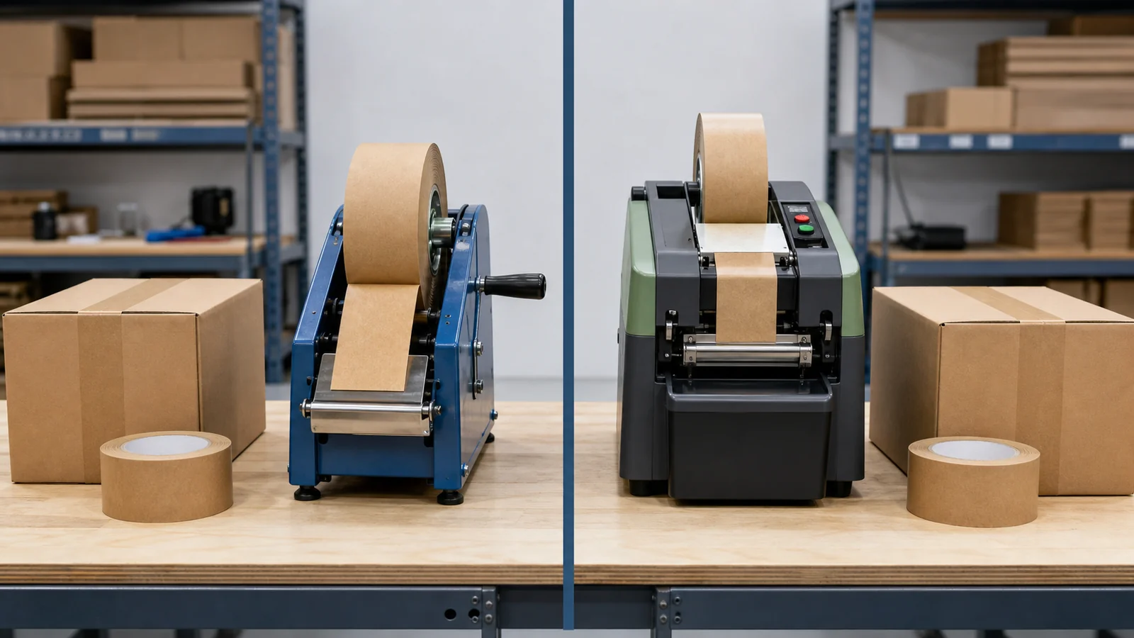 Operations teams comparing packing-station equipment reviewing manual vs electric gummed tape dispenser requirements at a packing station